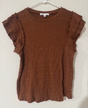 DR2 by Democracy Medium Brown Crinkle Smocked Ruffle Sleeve Top Blouse Boho